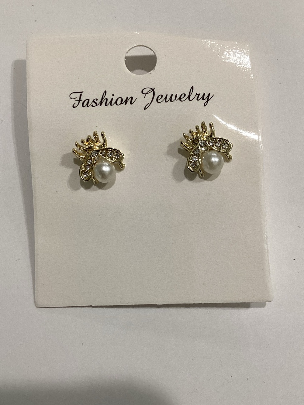 Fashion‎ Jewelry Gold Bee Pearl Stud Earrings with Clear Crystals